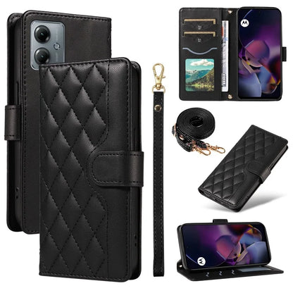 For Motorola Moto G54 5G / Moto G14 4G Case Wallet Rhombus Leather Phone Cover with Shoulder Strap, Wrist Strap