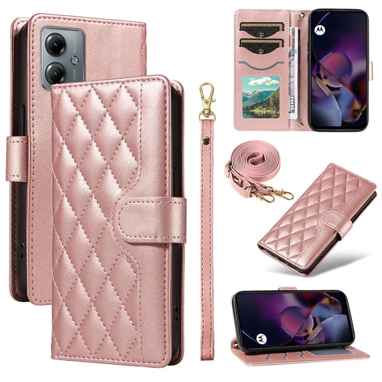 For Motorola Moto G54 5G / Moto G14 4G Case Wallet Rhombus Leather Phone Cover with Shoulder Strap, Wrist Strap