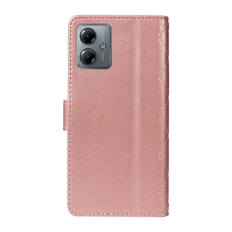 For Motorola Moto G54 5G / Moto G14 4G Case Wallet Rhombus Leather Phone Cover with Shoulder Strap, Wrist Strap