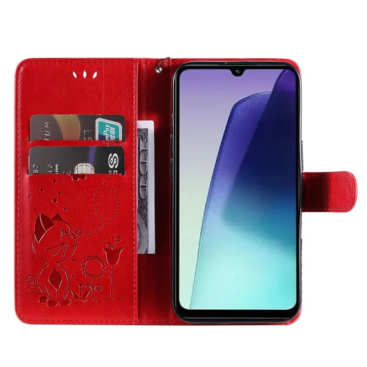KT Imprinting Flower Series-4 For Xiaomi Redmi 14C 4G Case Cat Bee Pattern Leather Phone Cover