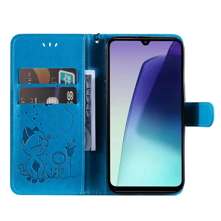 KT Imprinting Flower Series-4 For Xiaomi Redmi 14C 4G Case Cat Bee Pattern Leather Phone Cover