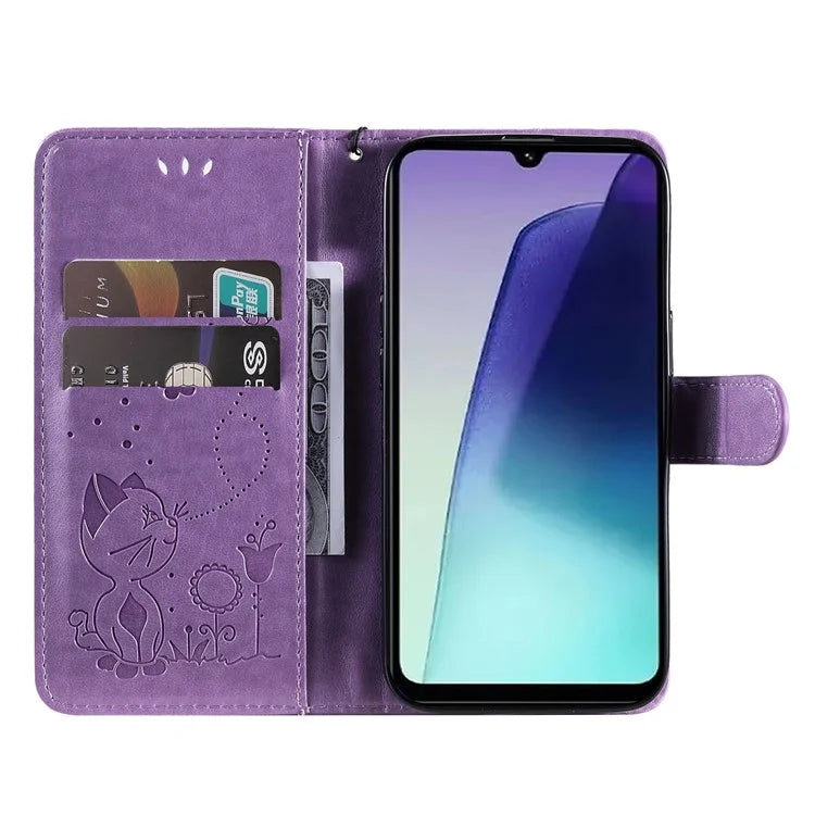 KT Imprinting Flower Series-4 For Xiaomi Redmi 14C 4G Case Cat Bee Pattern Leather Phone Cover