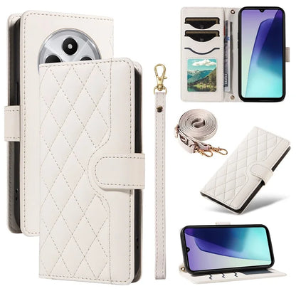 For Xiaomi Redmi 14C 4G Case Wallet Rhombus Leather Phone Cover with Shoulder Strap, Wrist Strap