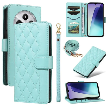 For Xiaomi Redmi 14C 4G Case Wallet Rhombus Leather Phone Cover with Shoulder Strap, Wrist Strap