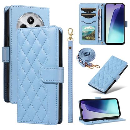 For Xiaomi Redmi 14C 4G Case Wallet Rhombus Leather Phone Cover with Shoulder Strap, Wrist Strap