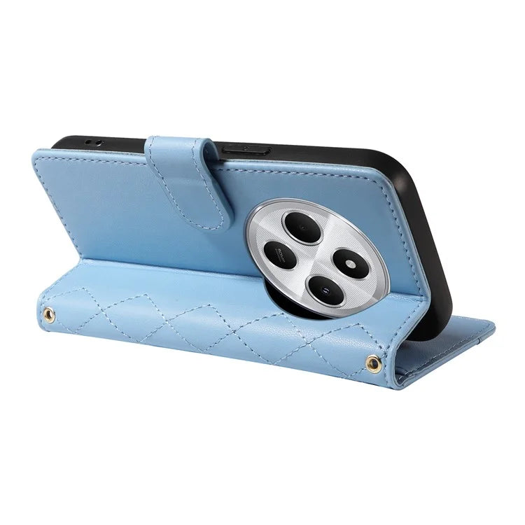 For Xiaomi Redmi 14C 4G Case Wallet Rhombus Leather Phone Cover with Shoulder Strap, Wrist Strap