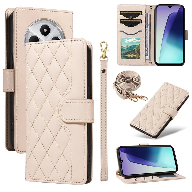 For Xiaomi Redmi 14C 4G Case Wallet Rhombus Leather Phone Cover with Shoulder Strap, Wrist Strap