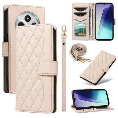 For Xiaomi Redmi 14C 4G Case Wallet Rhombus Leather Phone Cover with Shoulder Strap, Wrist Strap