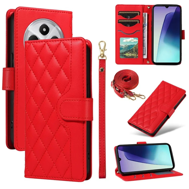 For Xiaomi Redmi 14C 4G Case Wallet Rhombus Leather Phone Cover with Shoulder Strap, Wrist Strap