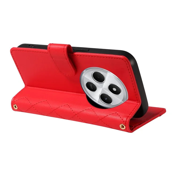 For Xiaomi Redmi 14C 4G Case Wallet Rhombus Leather Phone Cover with Shoulder Strap, Wrist Strap