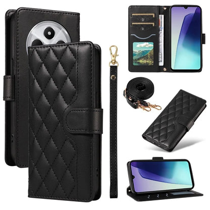For Xiaomi Redmi 14C 4G Case Wallet Rhombus Leather Phone Cover with Shoulder Strap, Wrist Strap