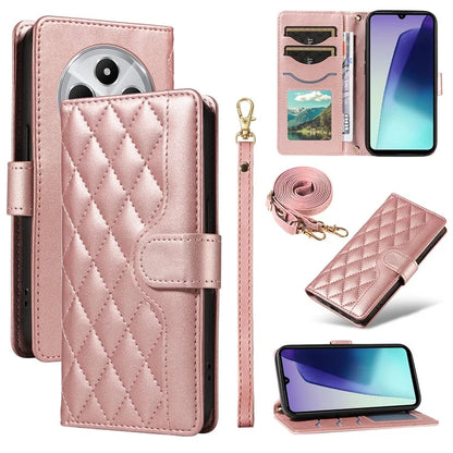 For Xiaomi Redmi 14C 4G Case Wallet Rhombus Leather Phone Cover with Shoulder Strap, Wrist Strap