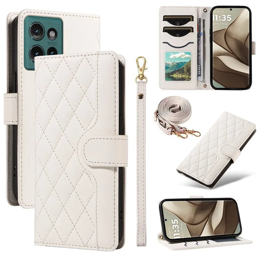 For Motorola Edge 50 5G Case Wallet Rhombus Leather Phone Cover with Shoulder Strap, Wrist Strap