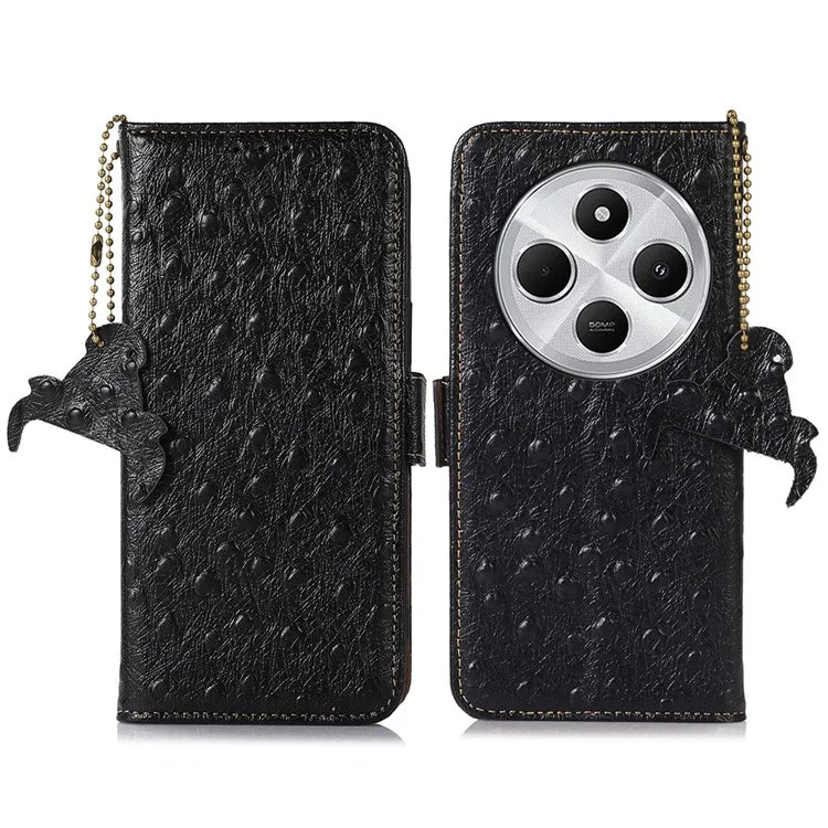 For Xiaomi Redmi 14C 4G Case RFID Blocking Genuine Cow Leather Phone Case Ostrich Texture