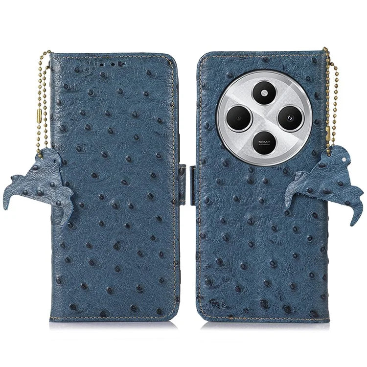 For Xiaomi Redmi 14C 4G Case RFID Blocking Genuine Cow Leather Phone Case Ostrich Texture