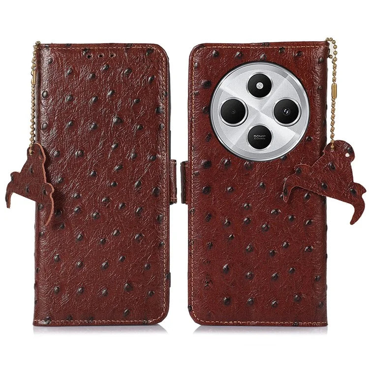 For Xiaomi Redmi 14C 4G Case RFID Blocking Genuine Cow Leather Phone Case Ostrich Texture