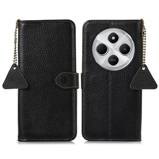 For Xiaomi Redmi 14C 4G Case RFID Blocking Litchi Texture Genuine Cow Leather Phone Cover