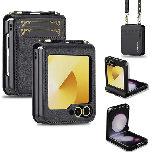 LC.IMEEKE for Samsung Galaxy Z Flip5 5G Case Leather+PC Phone Cover with Straps Card Slots
