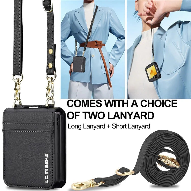 LC.IMEEKE for Samsung Galaxy Z Flip5 5G Case Leather+PC Phone Cover with Straps Card Slots