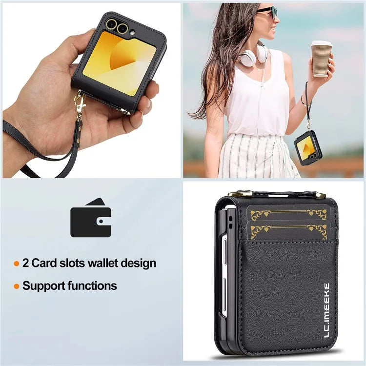 LC.IMEEKE for Samsung Galaxy Z Flip5 5G Case Leather+PC Phone Cover with Straps Card Slots