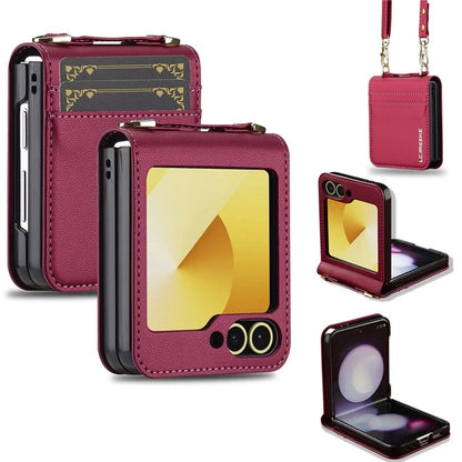 LC.IMEEKE for Samsung Galaxy Z Flip5 5G Case Leather+PC Phone Cover with Straps Card Slots