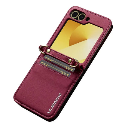 LC.IMEEKE for Samsung Galaxy Z Flip5 5G Case Leather+PC Phone Cover with Straps Card Slots