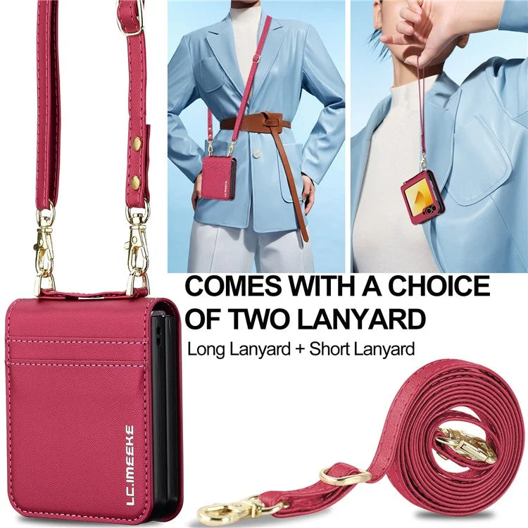 LC.IMEEKE for Samsung Galaxy Z Flip5 5G Case Leather+PC Phone Cover with Straps Card Slots