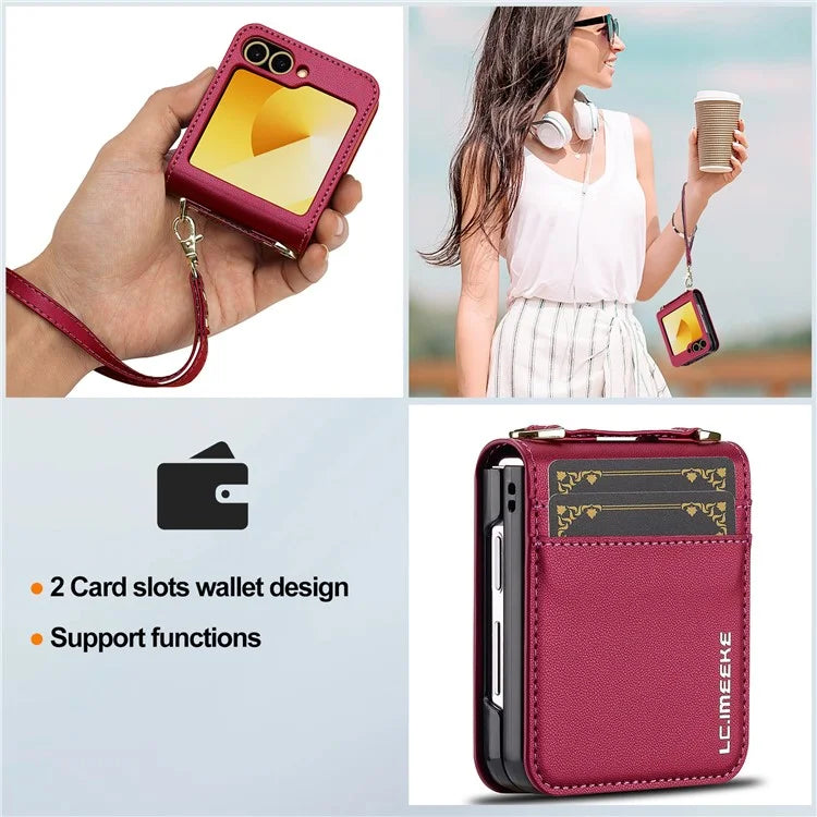 LC.IMEEKE for Samsung Galaxy Z Flip5 5G Case Leather+PC Phone Cover with Straps Card Slots