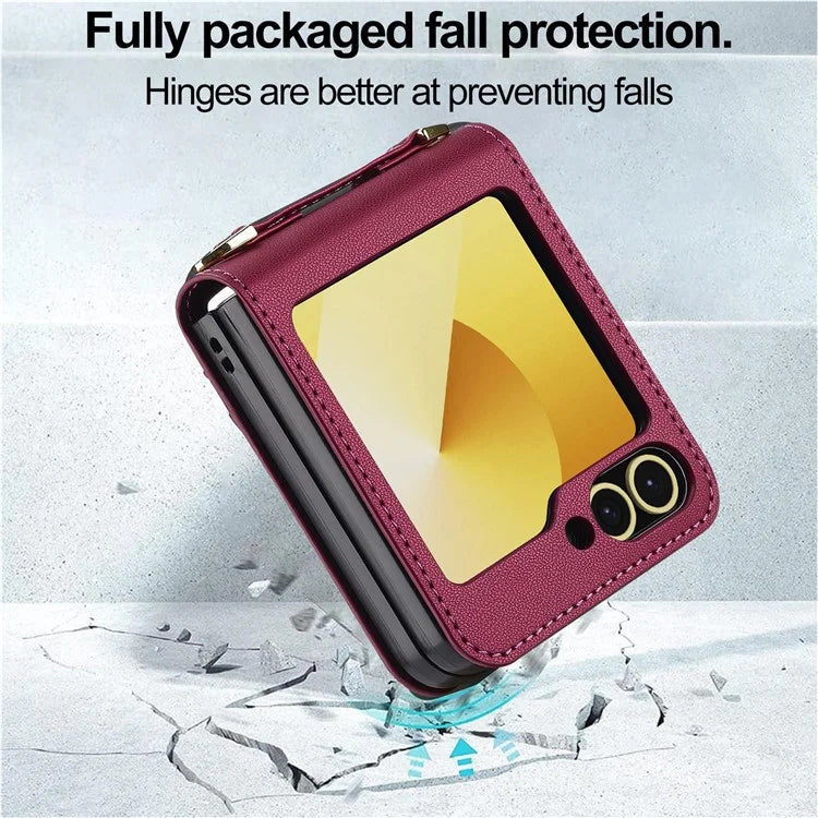 LC.IMEEKE for Samsung Galaxy Z Flip5 5G Case Leather+PC Phone Cover with Straps Card Slots