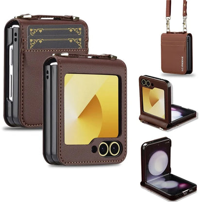 LC.IMEEKE for Samsung Galaxy Z Flip5 5G Case Leather+PC Phone Cover with Straps Card Slots