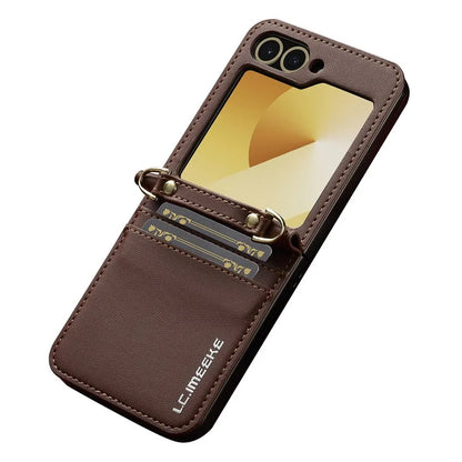 LC.IMEEKE for Samsung Galaxy Z Flip5 5G Case Leather+PC Phone Cover with Straps Card Slots