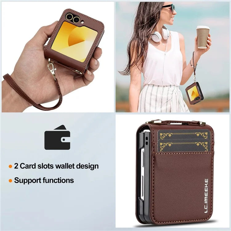 LC.IMEEKE for Samsung Galaxy Z Flip5 5G Case Leather+PC Phone Cover with Straps Card Slots