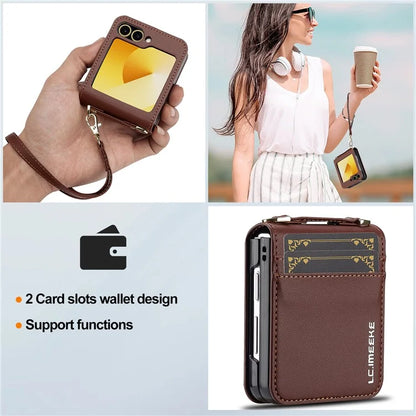 LC.IMEEKE for Samsung Galaxy Z Flip5 5G Case Leather+PC Phone Cover with Straps Card Slots