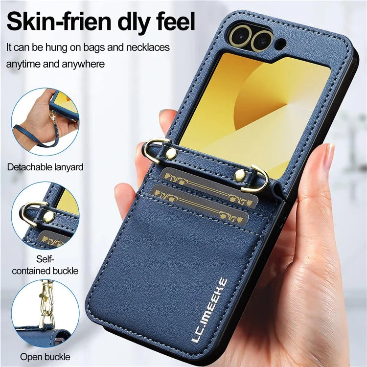 LC.IMEEKE for Samsung Galaxy Z Flip5 5G Case Leather+PC Phone Cover with Straps Card Slots
