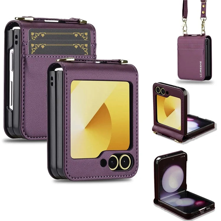 LC.IMEEKE for Samsung Galaxy Z Flip5 5G Case Leather+PC Phone Cover with Straps Card Slots