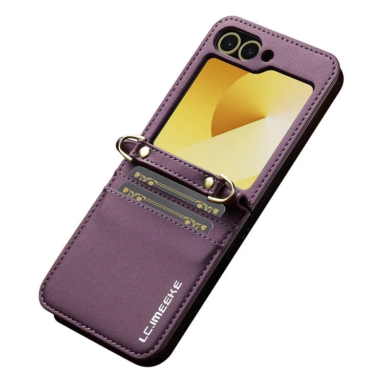 LC.IMEEKE for Samsung Galaxy Z Flip5 5G Case Leather+PC Phone Cover with Straps Card Slots