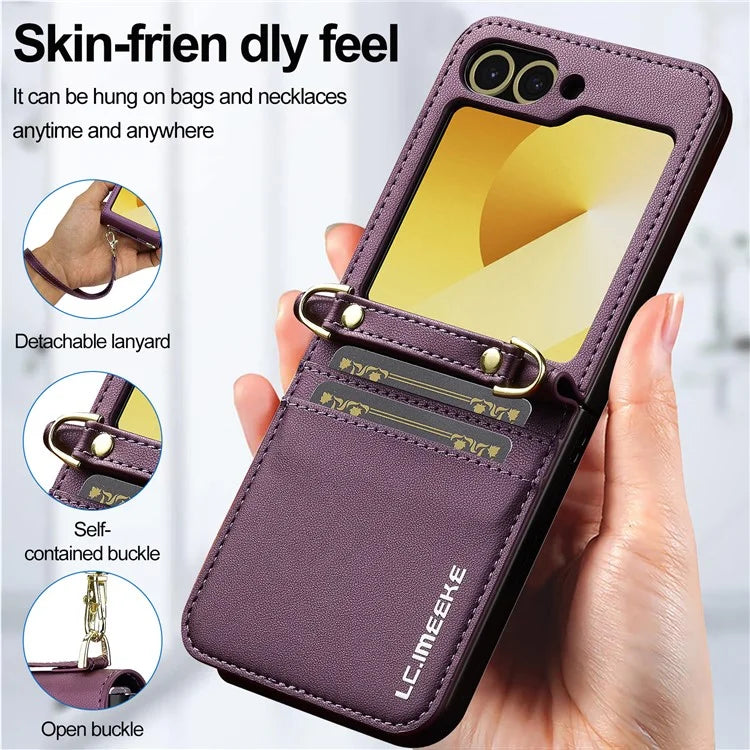 LC.IMEEKE for Samsung Galaxy Z Flip5 5G Case Leather+PC Phone Cover with Straps Card Slots