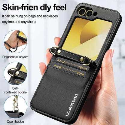 LC.IMEEKE for Samsung Galaxy Z Flip6 5G Case Leather+PC Phone Cover with Straps Card Slots