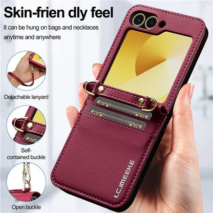 LC.IMEEKE for Samsung Galaxy Z Flip6 5G Case Leather+PC Phone Cover with Straps Card Slots