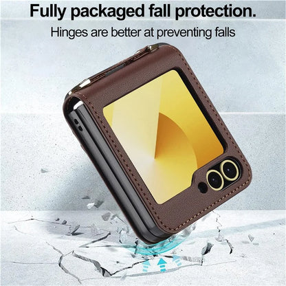 LC.IMEEKE for Samsung Galaxy Z Flip6 5G Case Leather+PC Phone Cover with Straps Card Slots