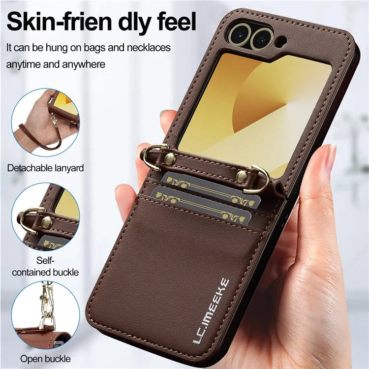 LC.IMEEKE for Samsung Galaxy Z Flip6 5G Case Leather+PC Phone Cover with Straps Card Slots