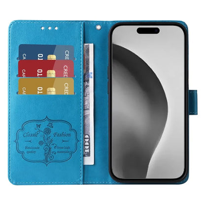 For iPhone 16 Pro Max Leather Case Butterfly Floral Imprint Wallet Stand Cover