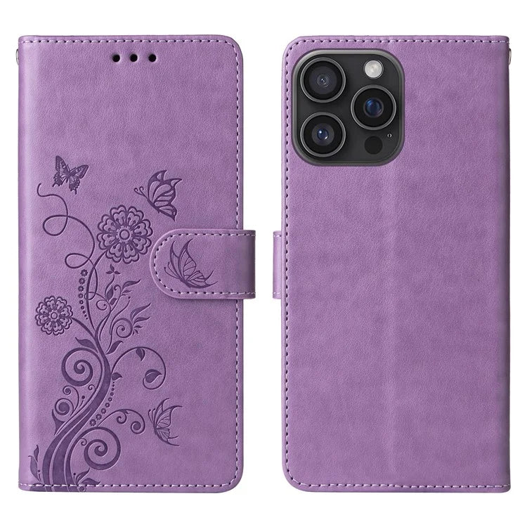 For iPhone 16 Pro Max Leather Case Butterfly Floral Imprint Wallet Stand Cover