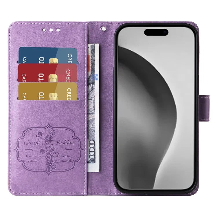 For iPhone 16 Pro Max Leather Case Butterfly Floral Imprint Wallet Stand Cover