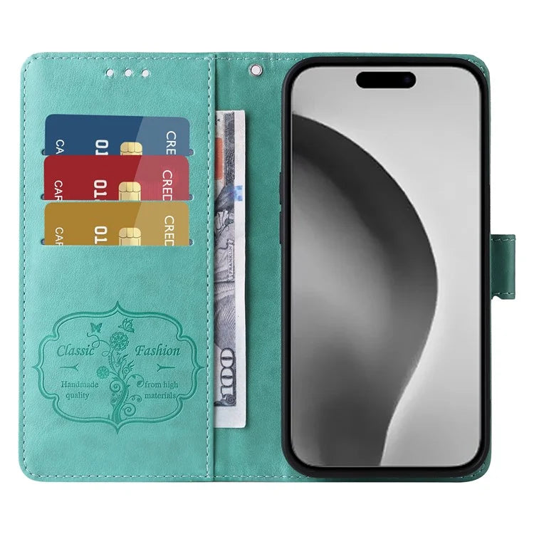 For iPhone 16 Pro Max Leather Case Butterfly Floral Imprint Wallet Stand Cover