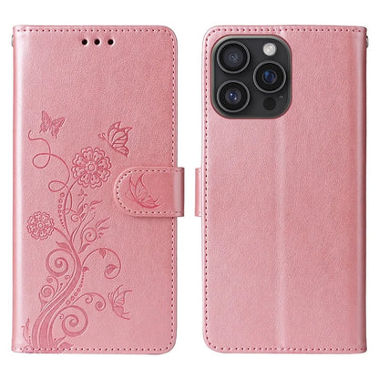 For iPhone 16 Pro Max Leather Case Butterfly Floral Imprint Wallet Stand Cover