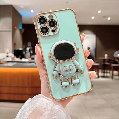 For iPhone 16 Pro Case Electroplating Soft TPU Phone Cover Astronaut Hidden Kickstand