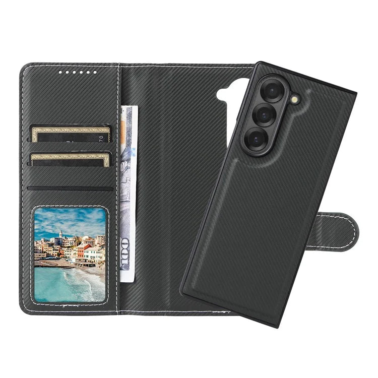 For Samsung Galaxy Z Fold6 5G Case Carbon Fiber Detachable PU Leather Wallet Phone Case