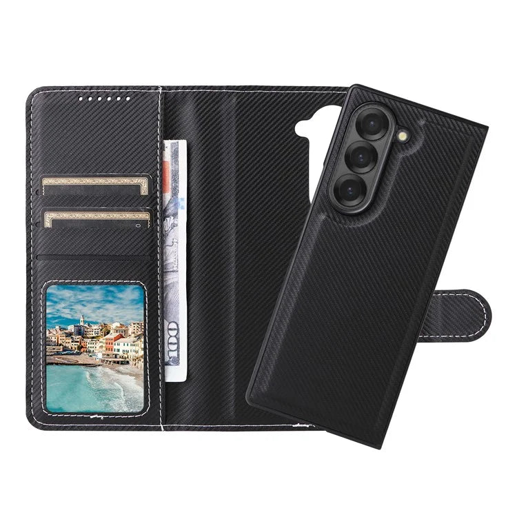 For Samsung Galaxy Z Fold6 5G Case Carbon Fiber Detachable PU Leather Wallet Phone Case