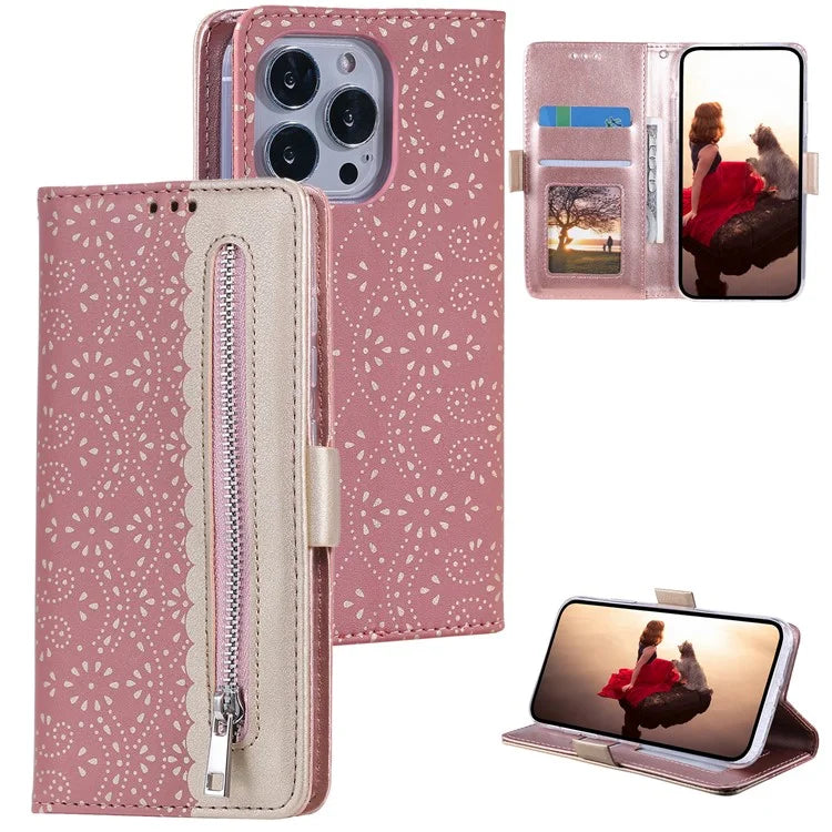 For iPhone 16 Pro Max Wallet Case PU Leather Zipper Pocket Phone Cover